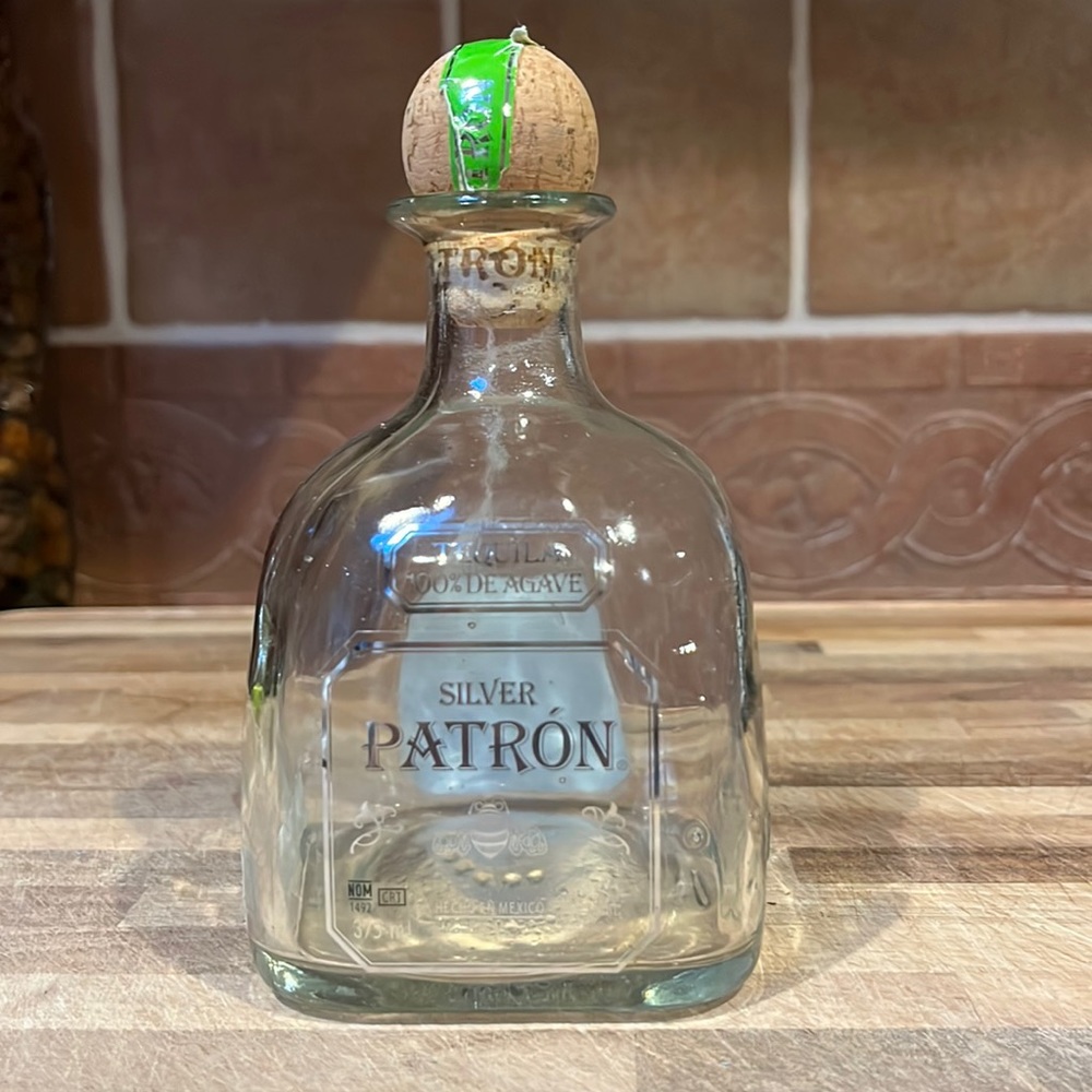 PATRON SILVER TEQUILA BOTTLE 375 ML GLASS BOTTLE WITH CORK EMPTY